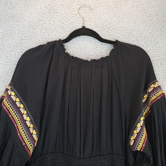 Nostalgia Black Rayon Embroidered Tassel Elastic Waist & Wrist Short Dress Sz L - Picture 10 of 11